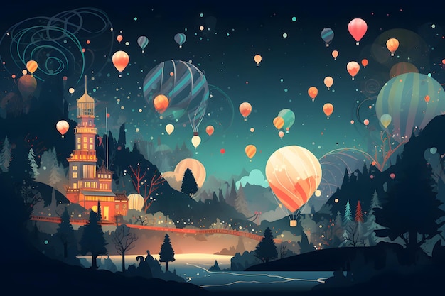 空に熱気球、城を背景にした夜景 生成AI