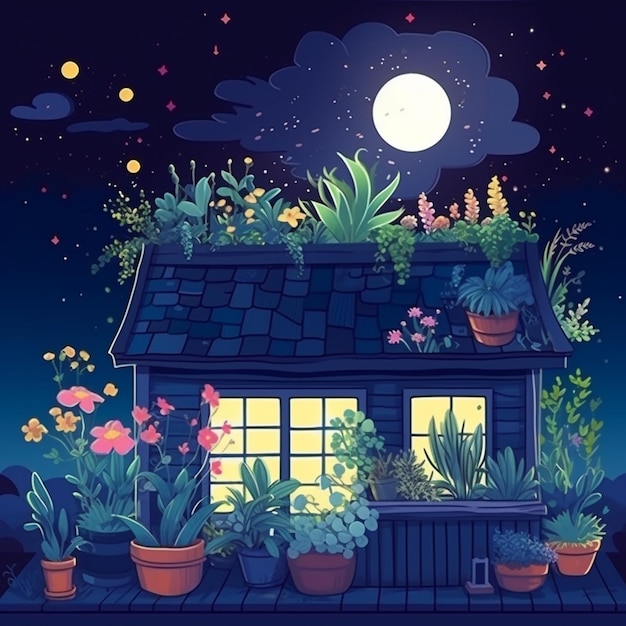 Night scene with a house and plants on the roof generative ai