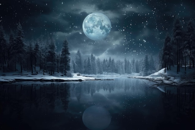 a night scene with a lake and a full moon