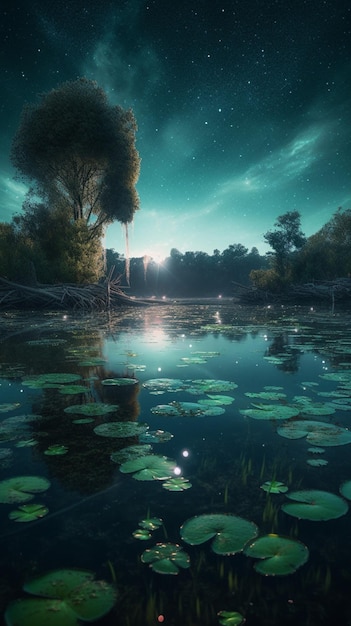 Ночная сцена с озером и зеленым небом, на котором сияет солнце.