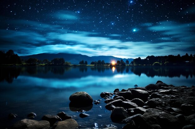 Foto scena notturna con un lago e montagne con la luna piena