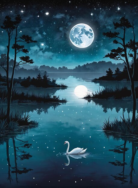 a night scene with a lake and a swan