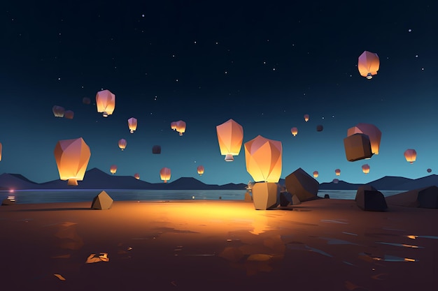 A night scene with lanterns floating in the sky.