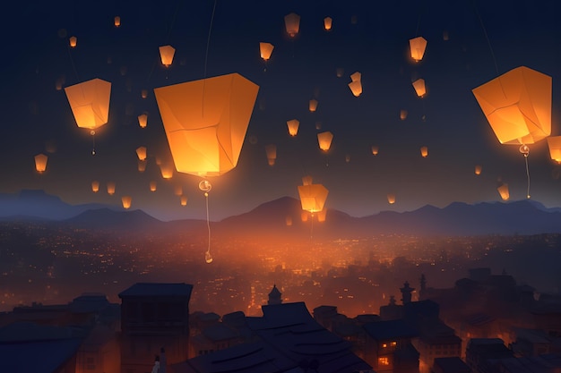 A night scene with lanterns floating above a town.