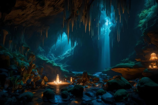 A night scene with a lit up campfire in the middle of a cave