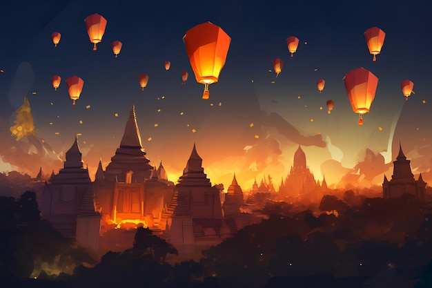 A night scene with a lot of lanterns flying above the city.