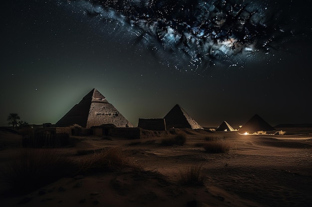 A night scene with the milky way and the pyramids of giza.