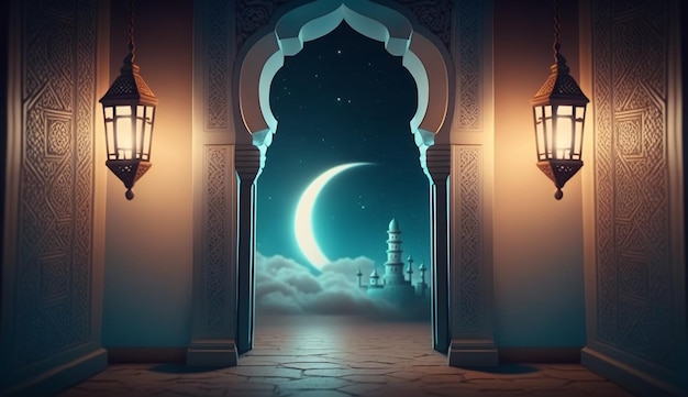 Photo night scene with a mosque and a crescent moon