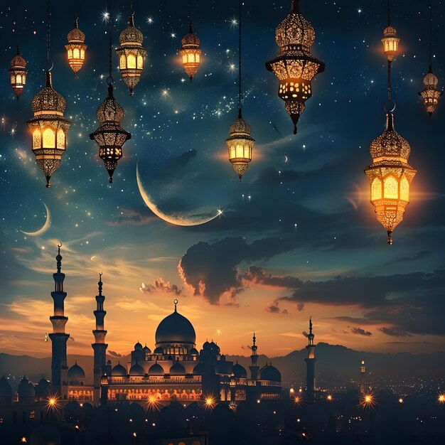 Foto una scena notturna con una moschea e una luna sullo sfondo