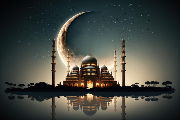 A night scene with a mosque and the moon