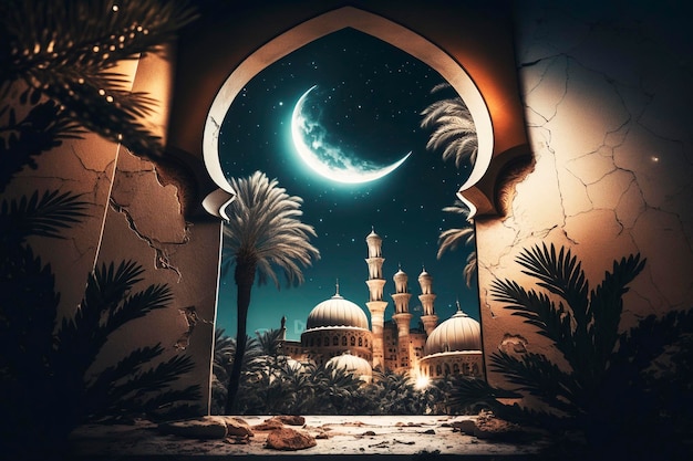 A night scene with a mosque and a moon