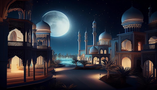 A night scene with a mosque and the moon