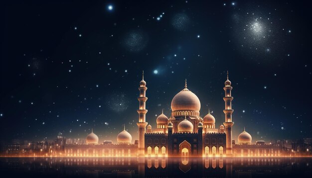 A night scene with a mosque and the starry sky