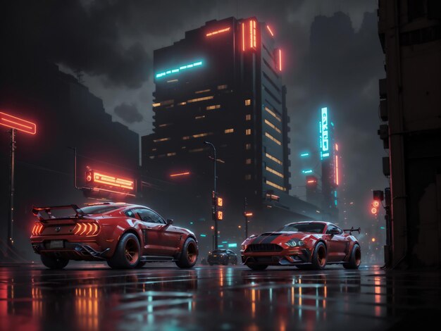A night scene with a red mustang and a neon sign that says mustang on it.