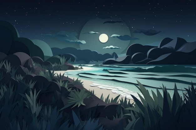 A night scene with a river and a full moon.