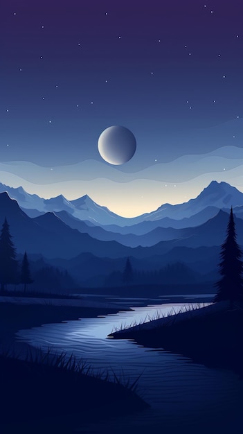 Night scene with a river and mountains with a moon generative ai