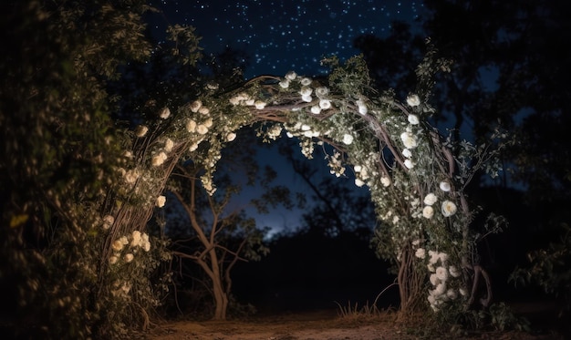 A night scene with a tree and flowers