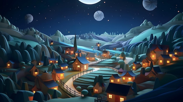 A night scene with a village and a moon