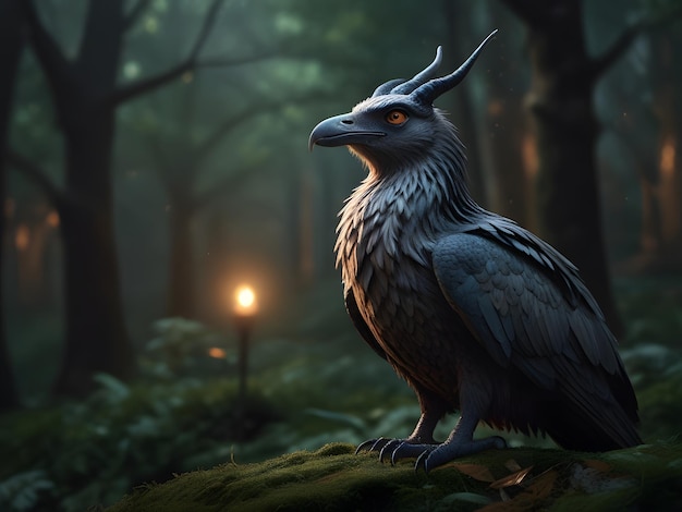 Night scene with a vulture in the forest 3D rendering