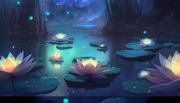 A night scene with water lilies and a firefly.