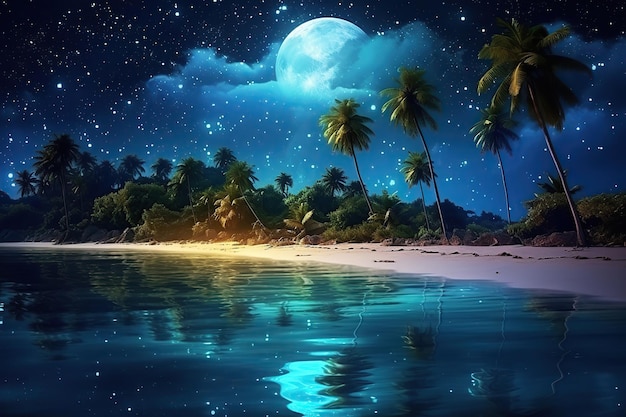 Photo night sea or ocean landscape moon and stars ai art