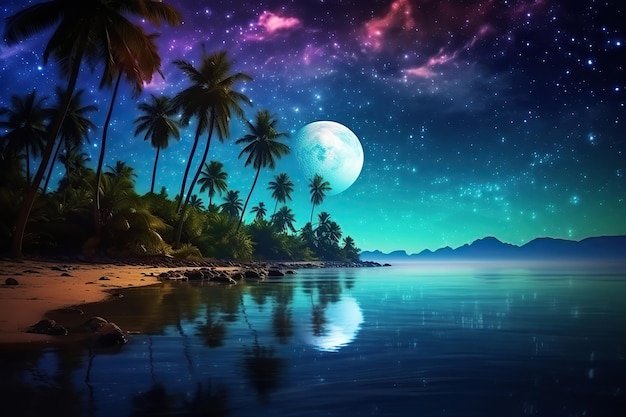 Photo night sea or ocean landscape moon and stars ai art