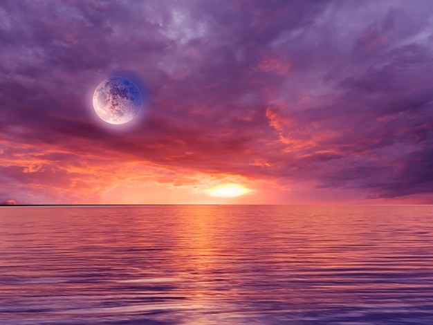 night sea pink blue yellow  orange cloudy  starry sky sun light , big moon reflection