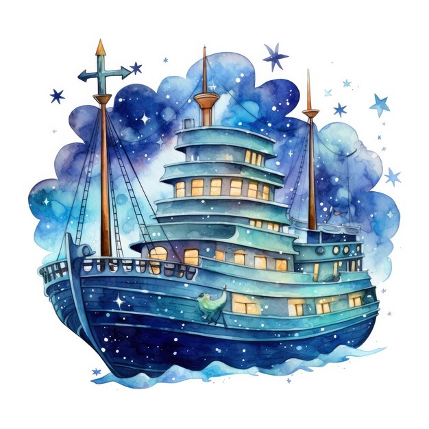 T シャツ デザインのための夜の海船の水彩スタイル