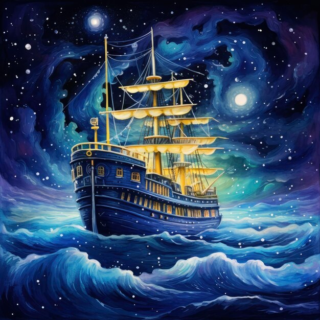 Night sea ship watercolor style for Tshirt design