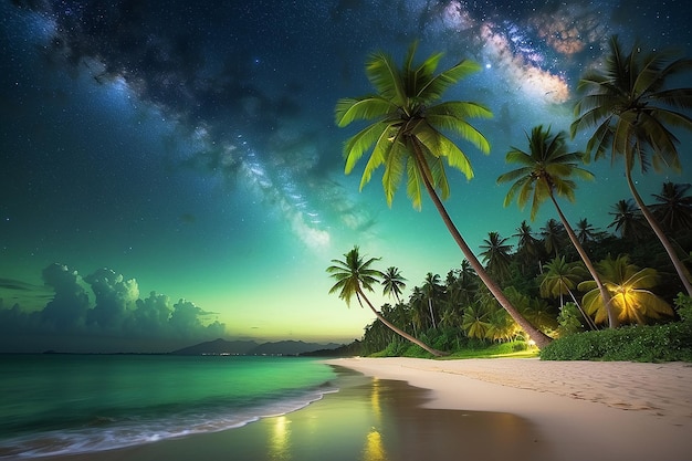 Night sea side coconut tree green lawnbeach star galaxy