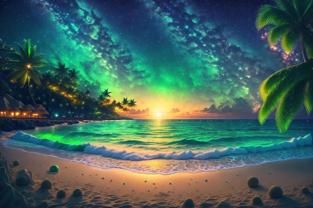 Night sea side coconut tree green lawnbeach star galaxy