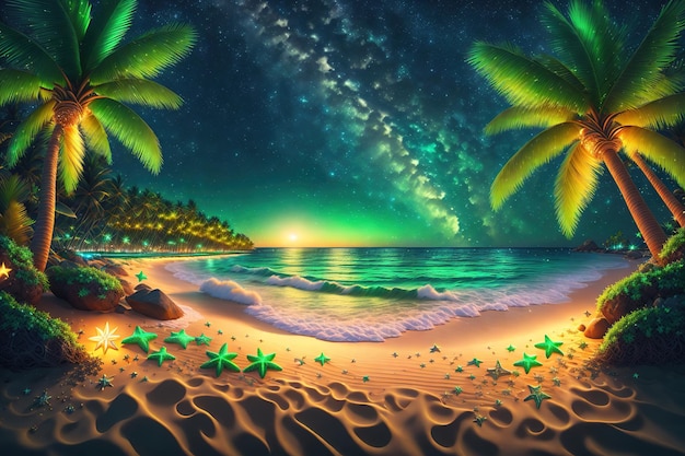Ночное море, кокосовая пальма, зеленый газон, пляж, звездная галактика