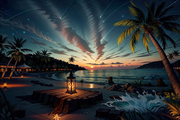 Night sea side coconut tree star galaxy