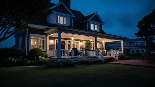 A night shot of a Cape Cod house with soft exterior lighting