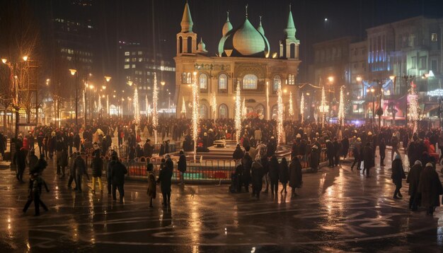 Photo a night shot of a city square bustling with nowruz celebrations