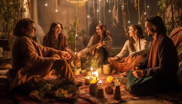 A night shot of a family gathering for Nowruz