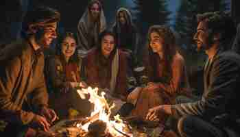 Photo a night shot of a family gathering for nowruz