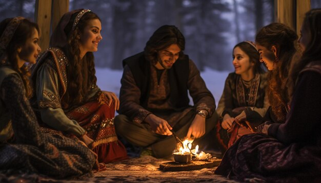 A night shot of a family gathering for Nowruz