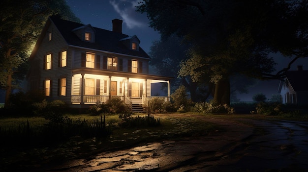 A night shot of a farmhouse with warm inviting lighting