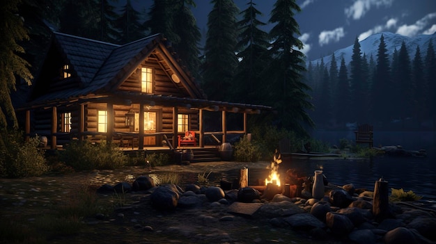 A night shot of a lit up log cabin showcasing its cozy ambiance