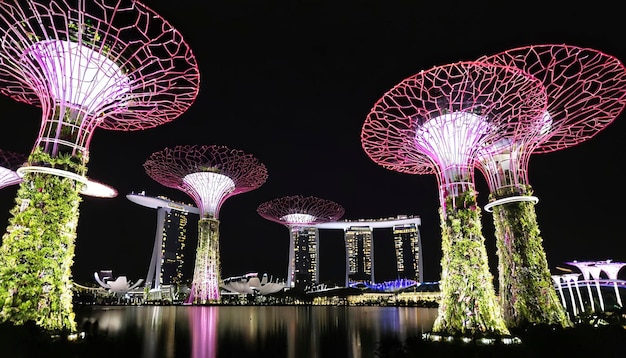 Foto lo spettacolo notturno di supertree grove a singapore