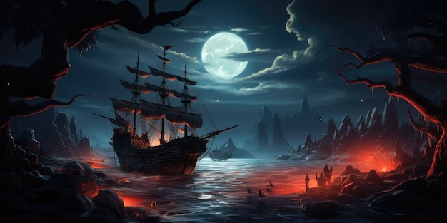 At night the silhouette of a dark pirate ship may be observed A phantom pirate ship in the distan