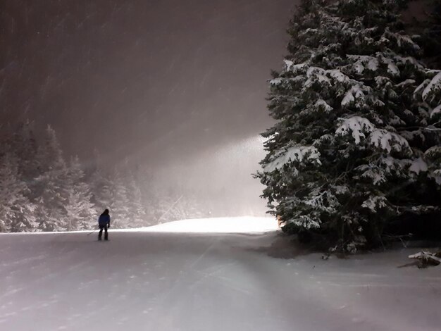 야간 스키장에서 라이트 스키어와 함께하는 야간 스키