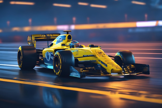 The night sky and the city lights and yellow formula 1 sport car race 4k wallpaper