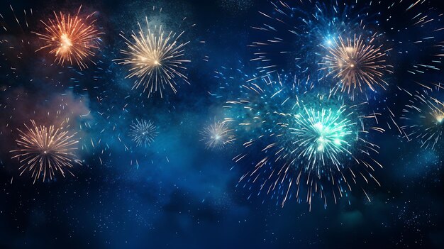 Night sky colorful bright shine fireworks with foggy background for happy new year celebration