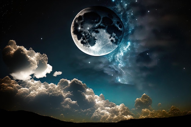 Night sky in the distance with the moon stars and clouds