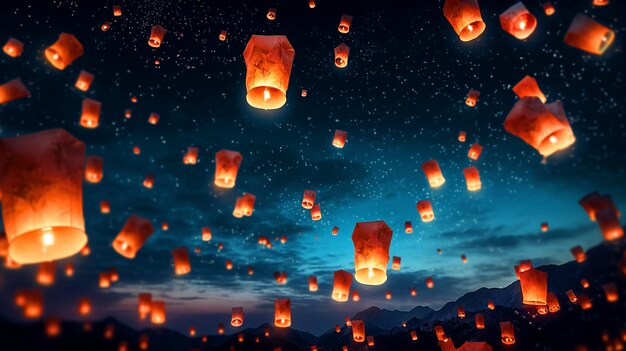 Night sky filled with flying paper lanterns scenery