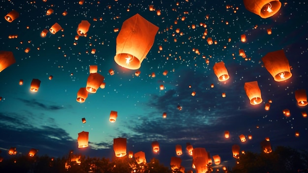 Night sky filled with flying paper lanterns scenery