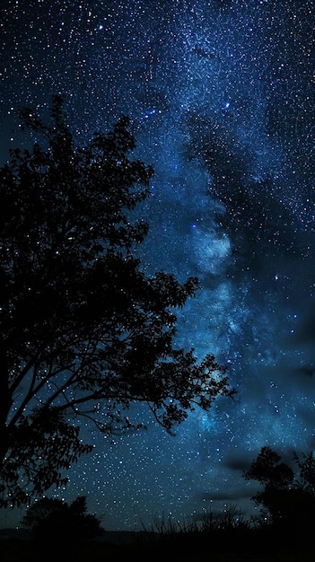 a night sky filled with stars and a tree