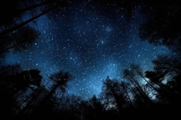 night sky in forest view of star on night sky through tree brunches AI Generative